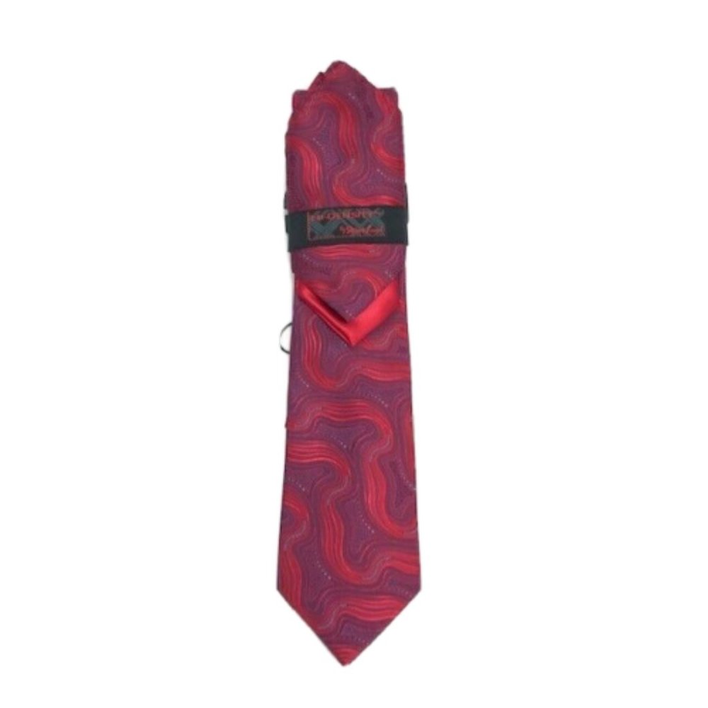 Steven Land Men's Tie & 2 Pocket Squares Red Royal Blue Fuchsia Hi-Density 3.5"
